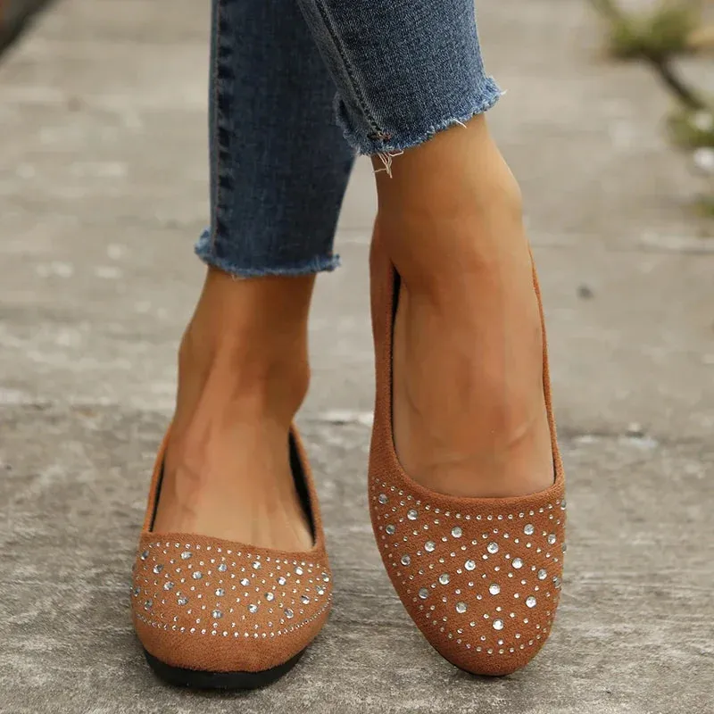 Amozae-Women's Shine Rhinestone Flats Shoes Round-Toe Slip on Shoes for Women Black Flats Ladies Boat Shoes Women