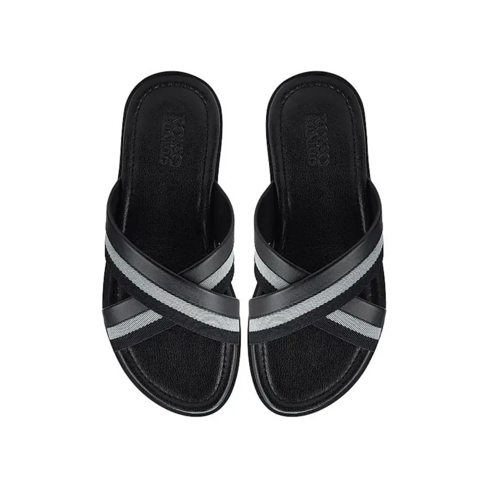 Black Criss Cross Leather Slippers