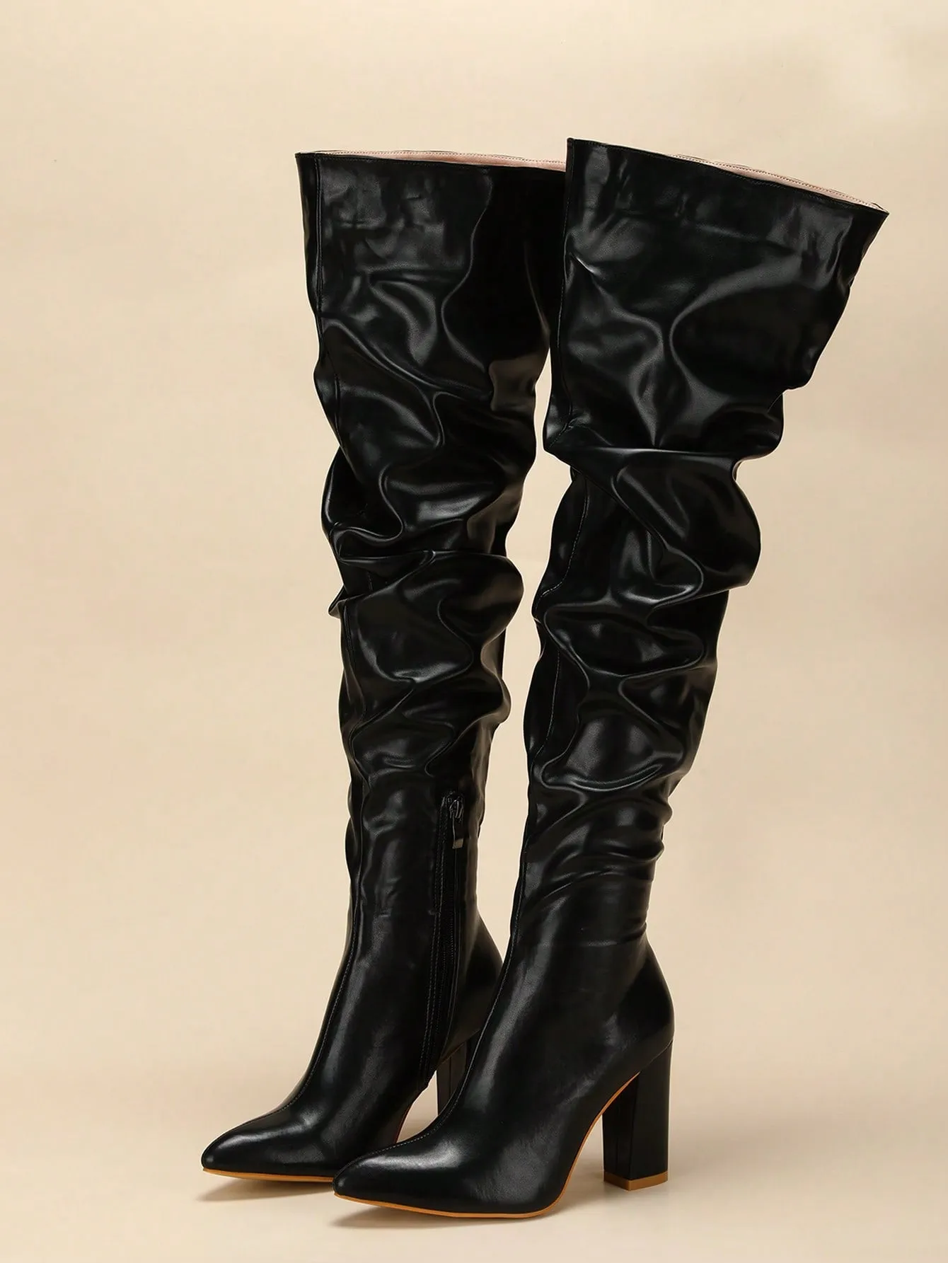 Black Solid Color Over-the-knee Or Mid-calf Pointed Toe Chunky High Heel Boots With Side Zipper & Shiny Material
