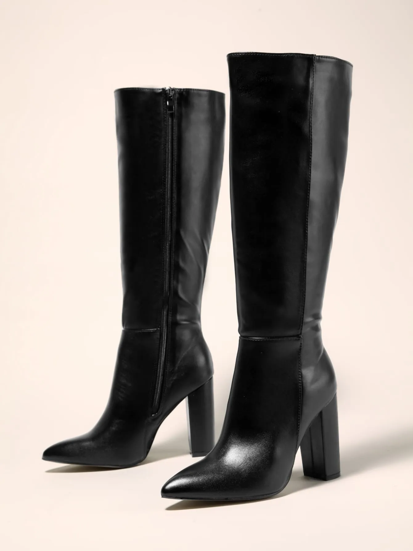 Black Solid Color Over-the-knee Or Mid-calf Pointed Toe Chunky High Heel Boots With Side Zipper & Shiny Material