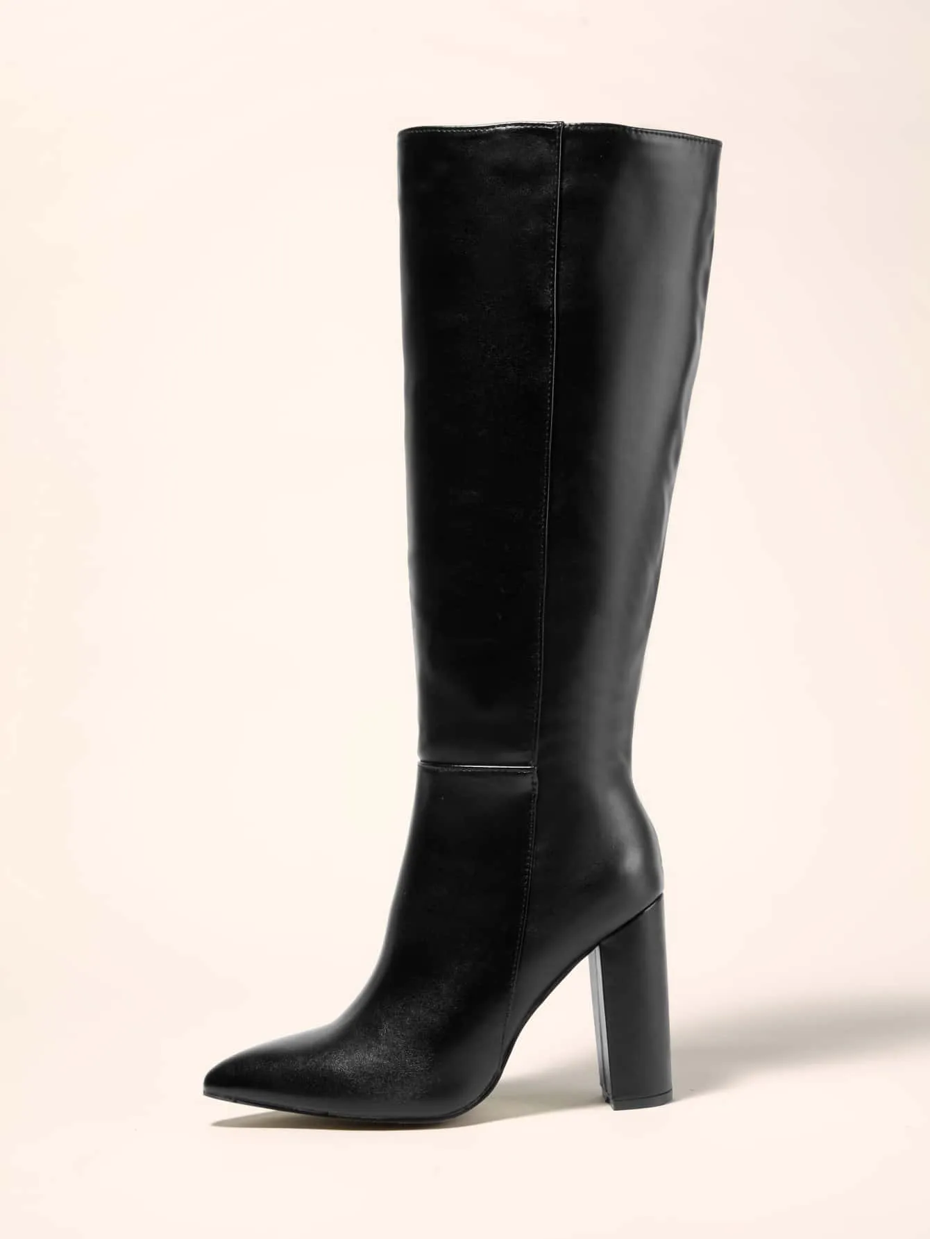 Black Solid Color Over-the-knee Or Mid-calf Pointed Toe Chunky High Heel Boots With Side Zipper & Shiny Material