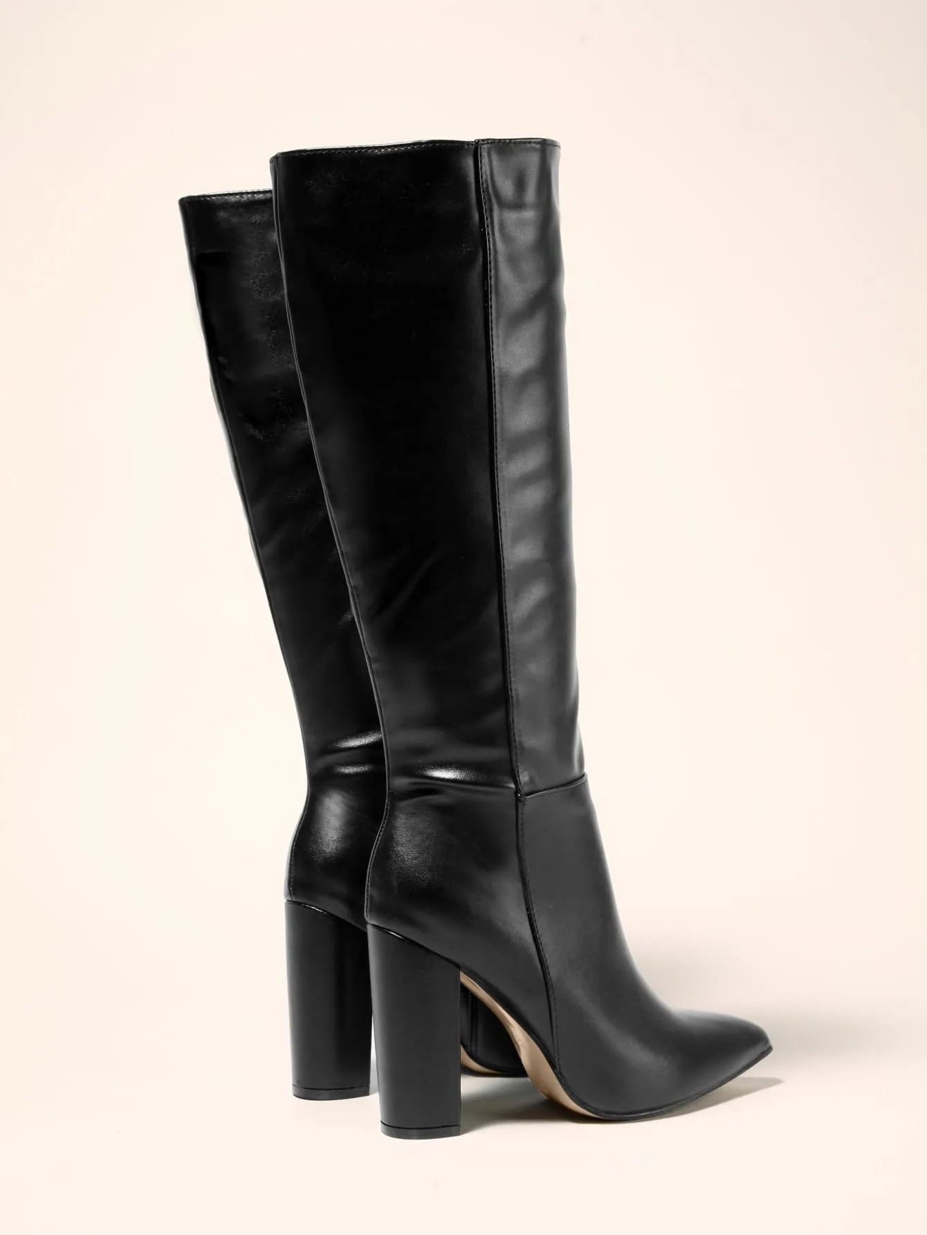 Black Solid Color Over-the-knee Or Mid-calf Pointed Toe Chunky High Heel Boots With Side Zipper & Shiny Material