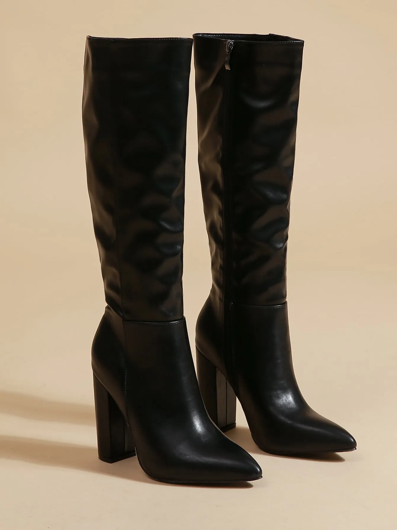 Black Solid Color Over-the-knee Or Mid-calf Pointed Toe Chunky High Heel Boots With Side Zipper & Shiny Material
