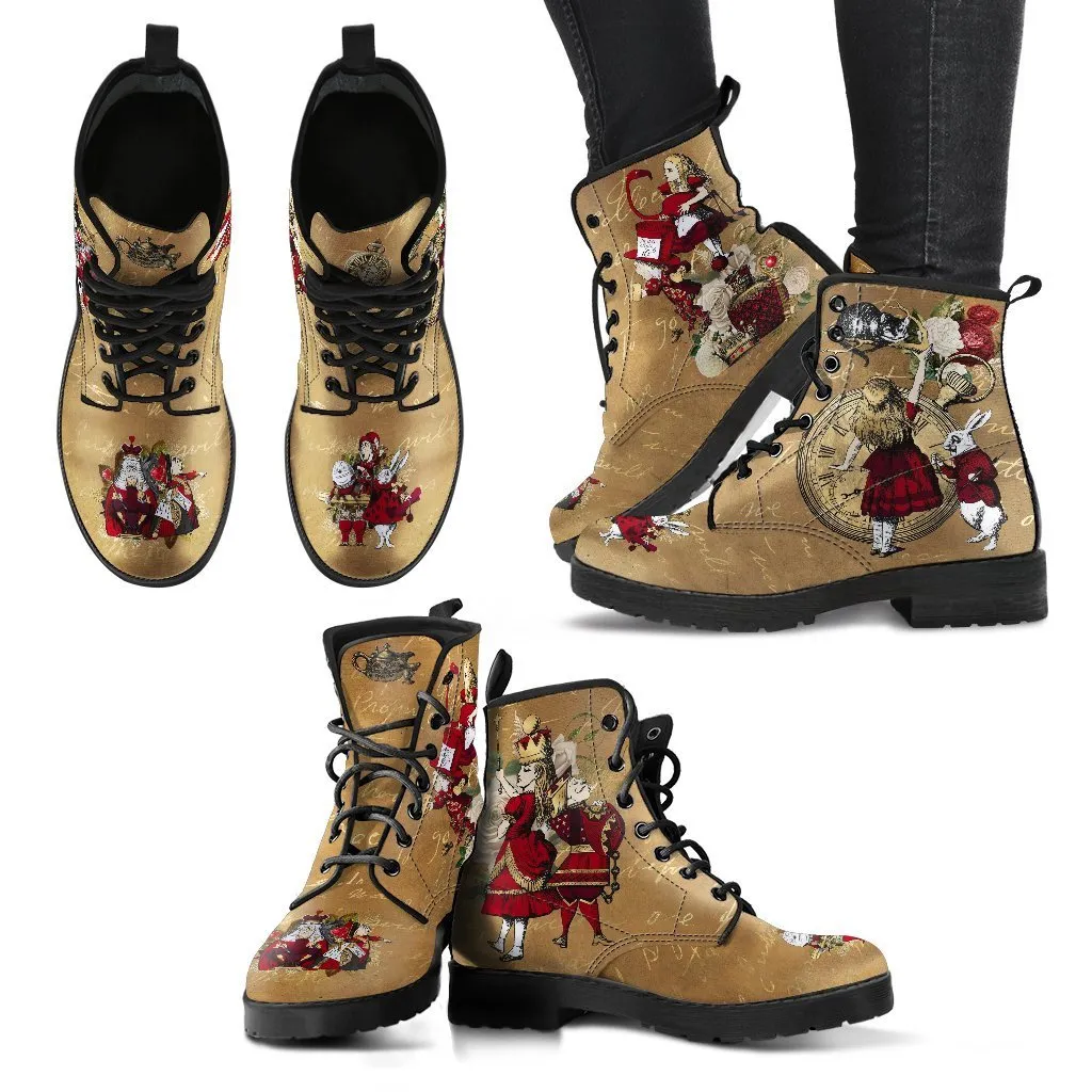 Combat Boots - Alice in Wonderland Gifts #32 | Birthday Gifts, Brown Lace Up Boots Women, Women's Boots, Vegan Shoes, Custom Shoes