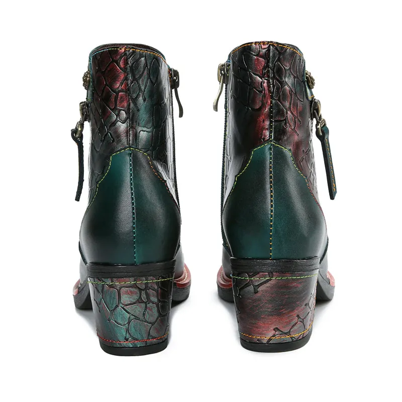 CrazycatZ Womens  Boots Floral Block Heel Leather Boots Colorful Leather Bootie Army Green