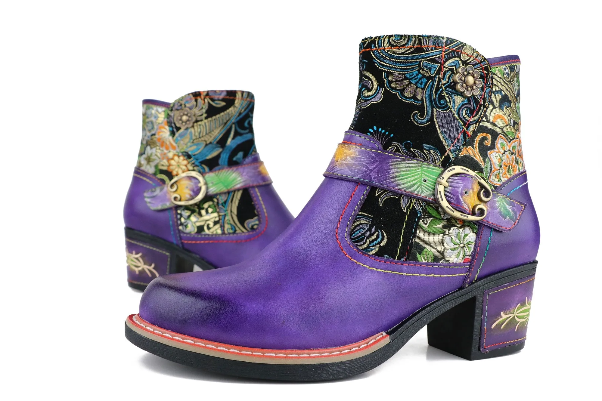 CrazycatZ Womens Cowgirl Boots Bohemian Block Heel Leather Western Boots Colorful Leahter Bootie