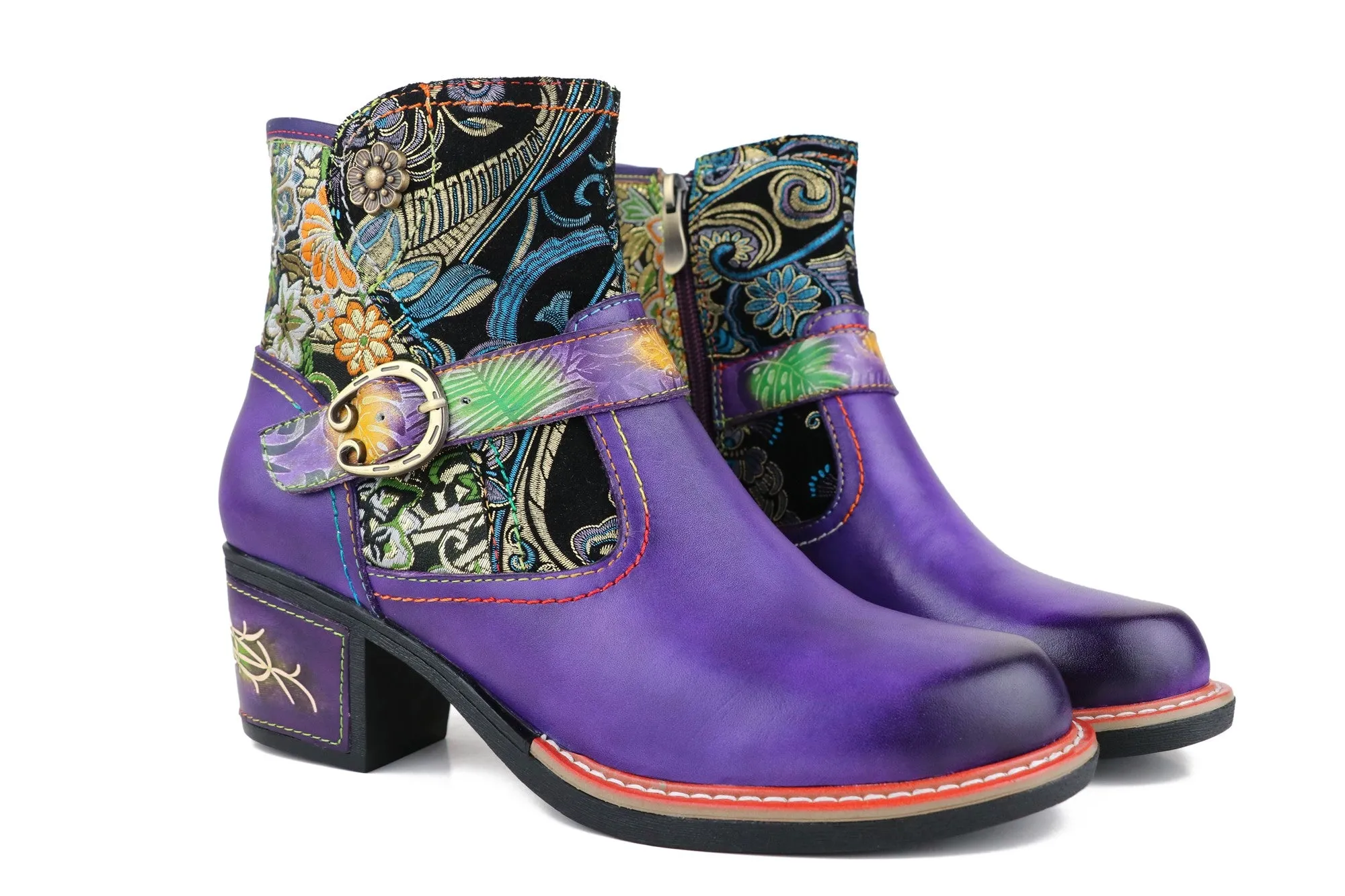 CrazycatZ Womens Cowgirl Boots Bohemian Block Heel Leather Western Boots Colorful Leahter Bootie