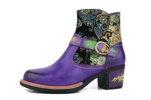 CrazycatZ Womens Cowgirl Boots Bohemian Block Heel Leather Western Boots Colorful Leahter Bootie