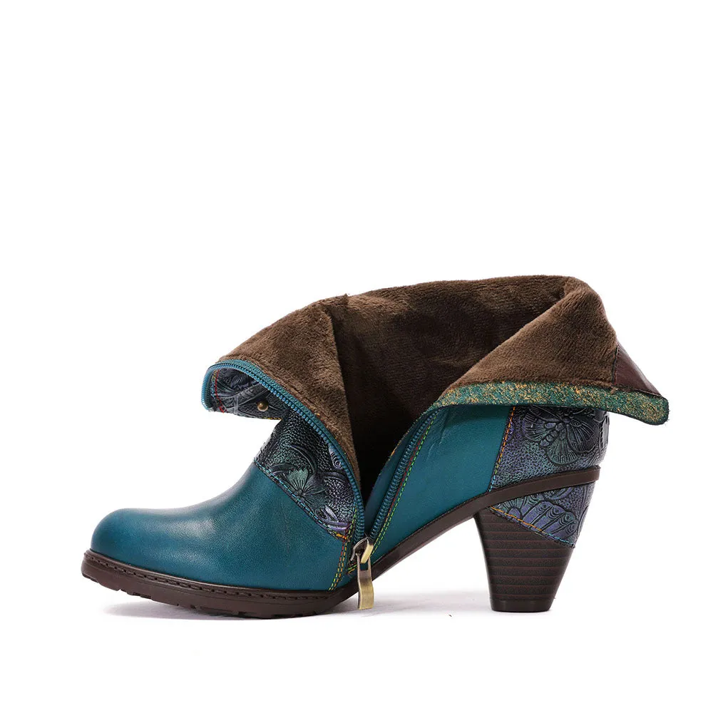 CrazycatZ Womens Leather Ankle Boots Bohemian Block Heel Colorful Floral Leather Boots Green