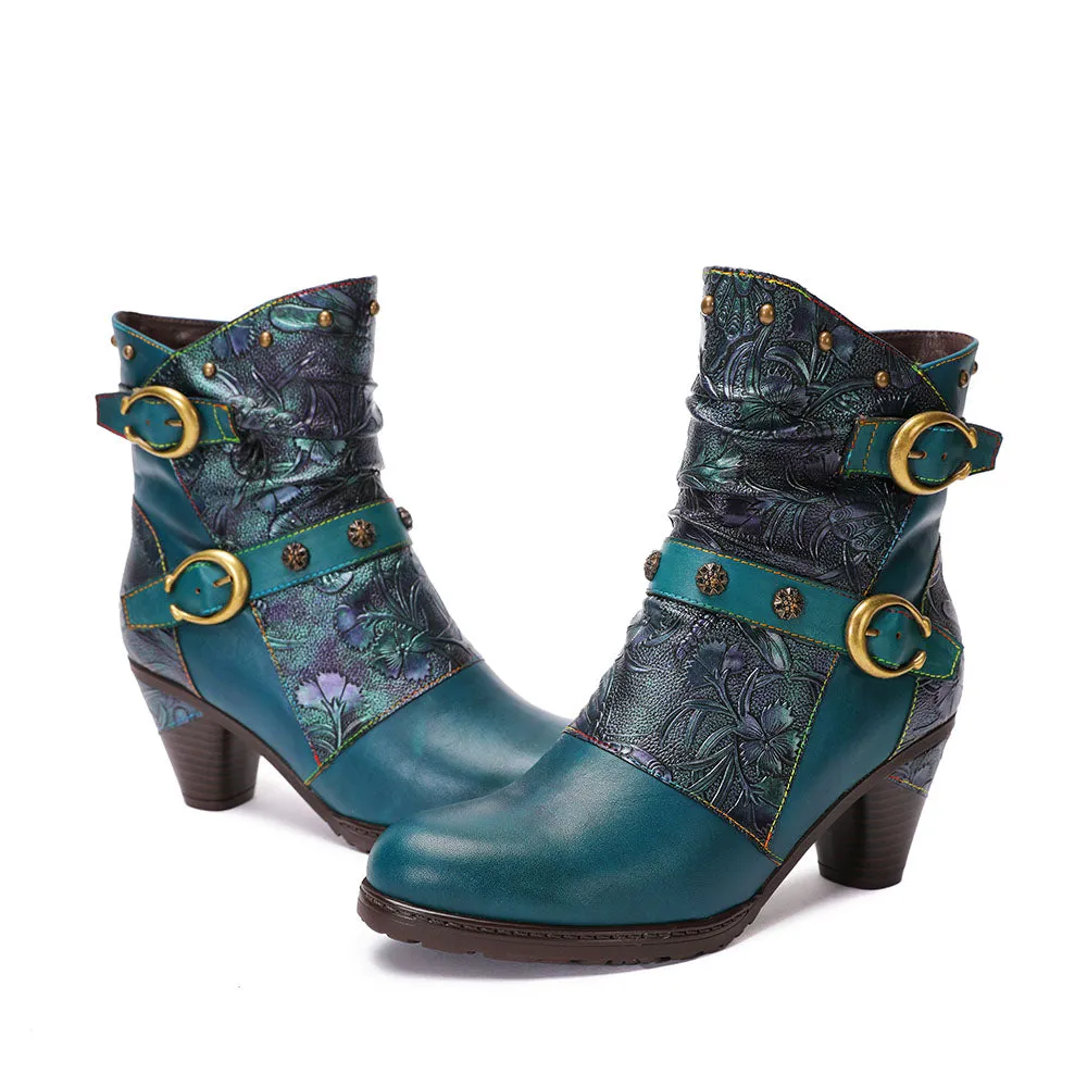 CrazycatZ Womens Leather Ankle Boots Bohemian Block Heel Colorful Floral Leather Boots Green