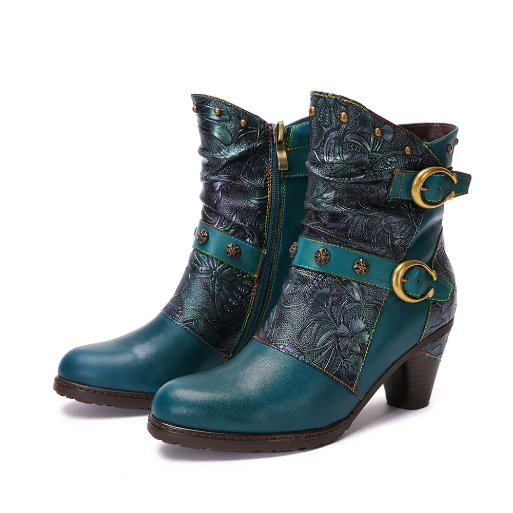 CrazycatZ Womens Leather Ankle Boots Bohemian Block Heel Colorful Floral Leather Boots Green