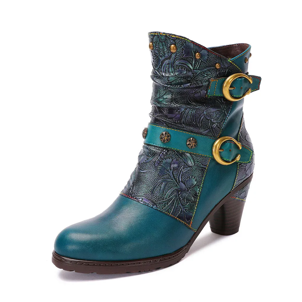 CrazycatZ Womens Leather Ankle Boots Bohemian Block Heel Colorful Floral Leather Boots Green