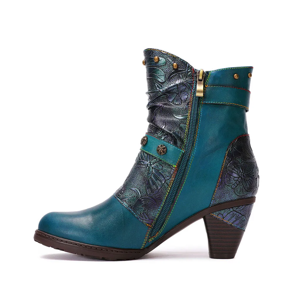 CrazycatZ Womens Leather Ankle Boots Bohemian Block Heel Colorful Floral Leather Boots Green