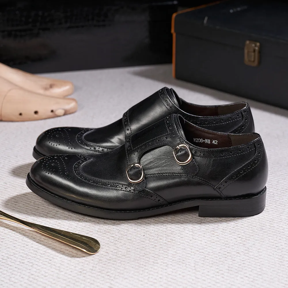 Double Buckle Monk Shoes Men's Business Casual Leather Shoes Men's Leather Monk Shoe Pointed Cross-Border Men's Shoes Rubber Wear-Resistant Sole