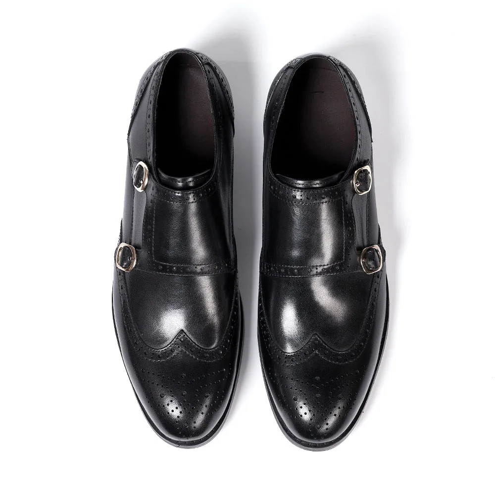 Double Buckle Monk Shoes Men's Business Casual Leather Shoes Men's Leather Monk Shoe Pointed Cross-Border Men's Shoes Rubber Wear-Resistant Sole