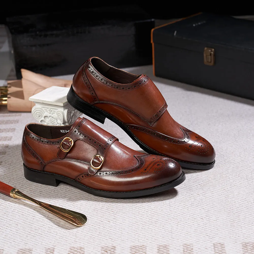 Double Buckle Monk Shoes Men's Business Casual Leather Shoes Men's Leather Monk Shoe Pointed Cross-Border Men's Shoes Rubber Wear-Resistant Sole