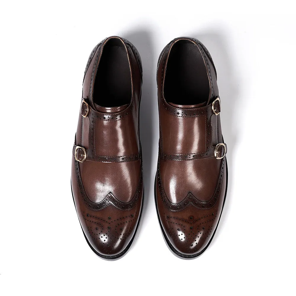 Double Buckle Monk Shoes Men's Business Casual Leather Shoes Men's Leather Monk Shoe Pointed Cross-Border Men's Shoes Rubber Wear-Resistant Sole