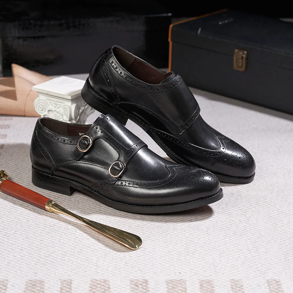 Double Buckle Monk Shoes Men's Business Casual Leather Shoes Men's Leather Monk Shoe Pointed Cross-Border Men's Shoes Rubber Wear-Resistant Sole