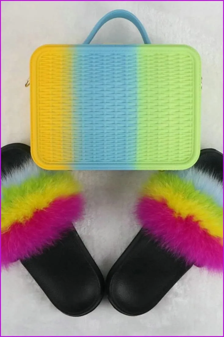 Fur Slides with Matching Jelly Purses Bag Rainbow Fluffy Slides F738