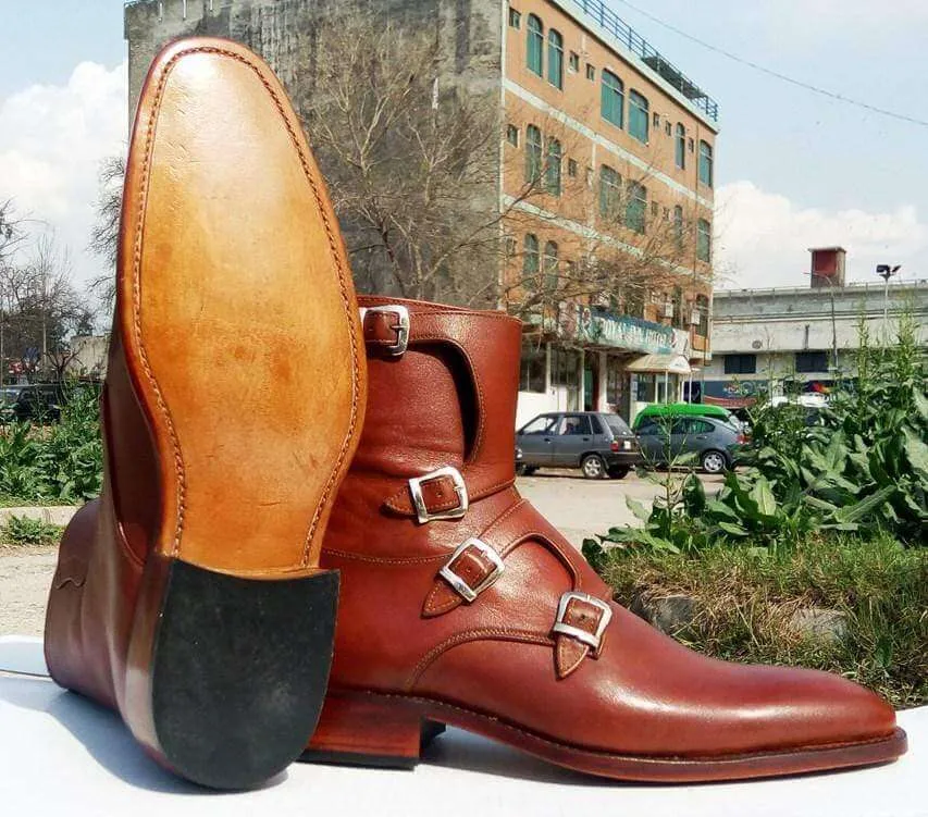 Handmade Men's Ankle High Leather 4 Monk Boot