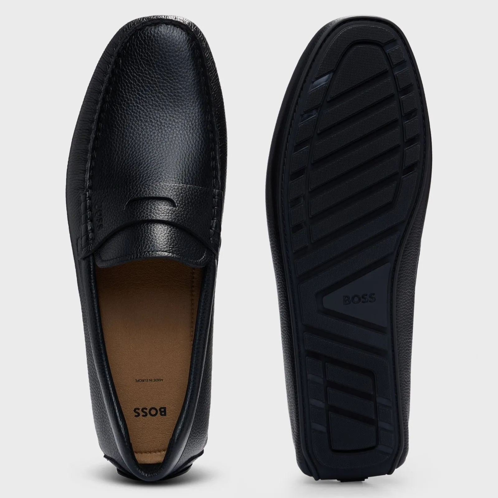 Hugo Boss Black Grained-Leather Driver Moccasins