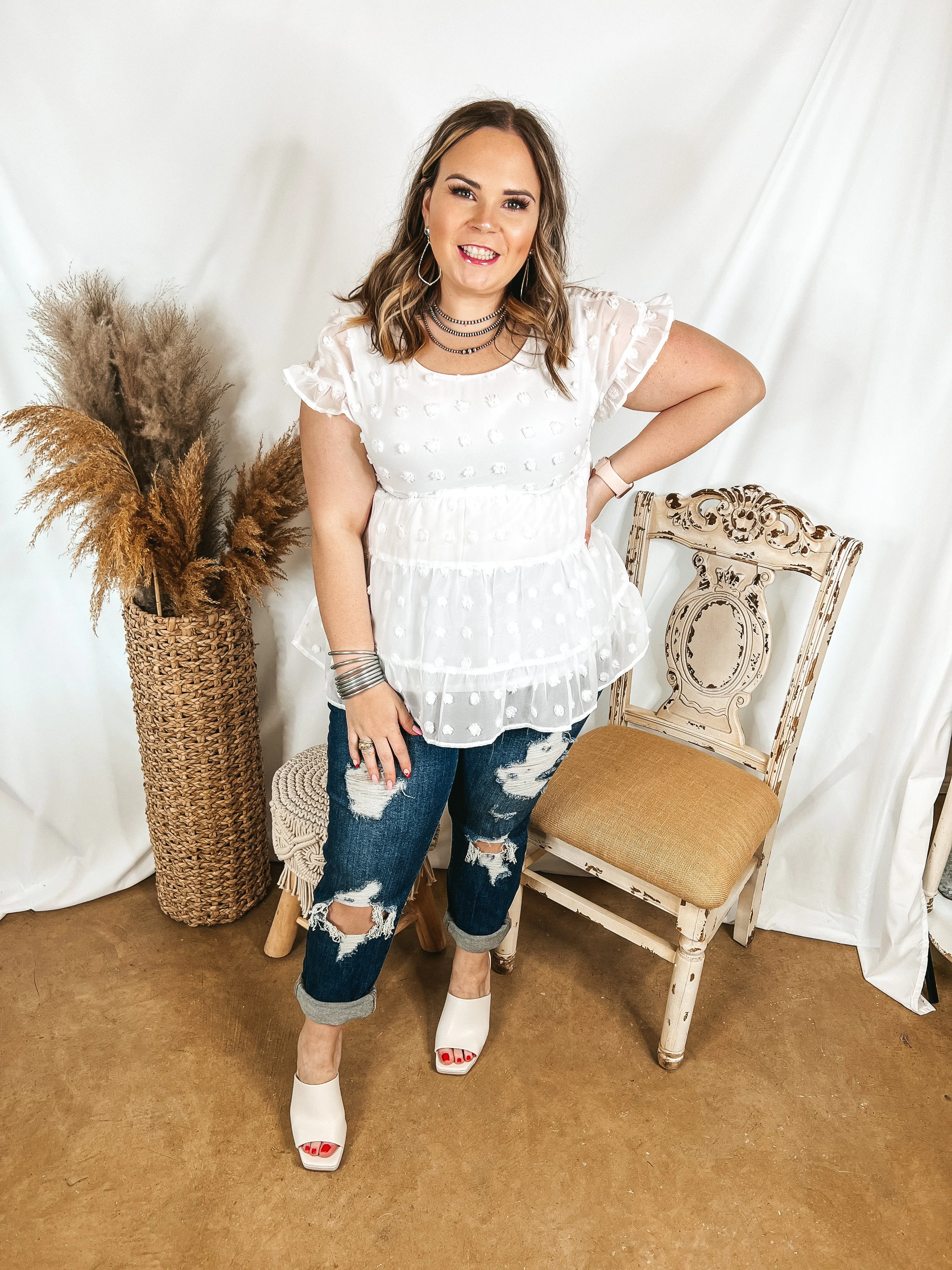 Last Chance Size Medium | Such A Delight Tiered Swiss Dot Top with Ruffle Cap Sleeves in White
