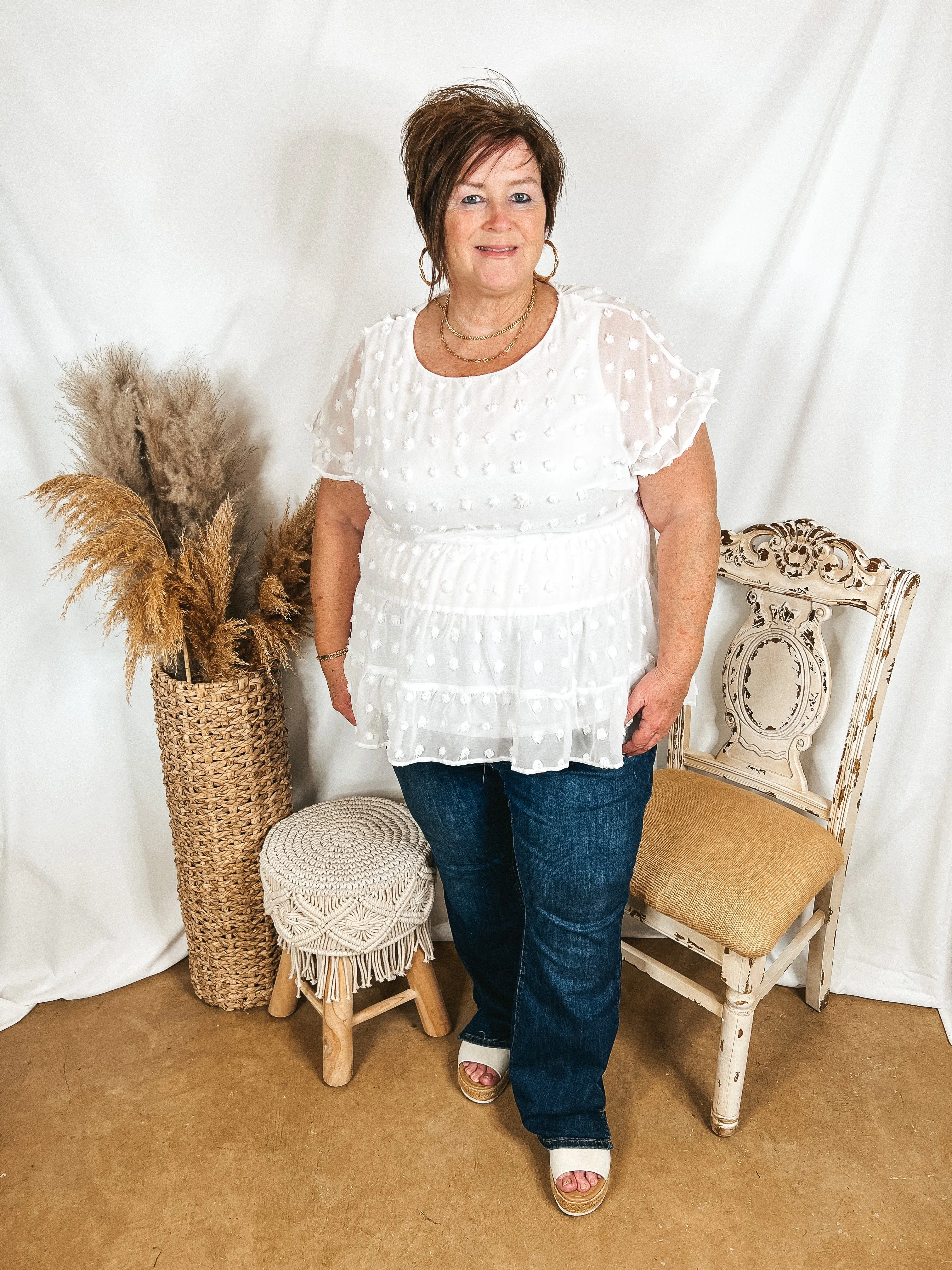Last Chance Size Medium | Such A Delight Tiered Swiss Dot Top with Ruffle Cap Sleeves in White