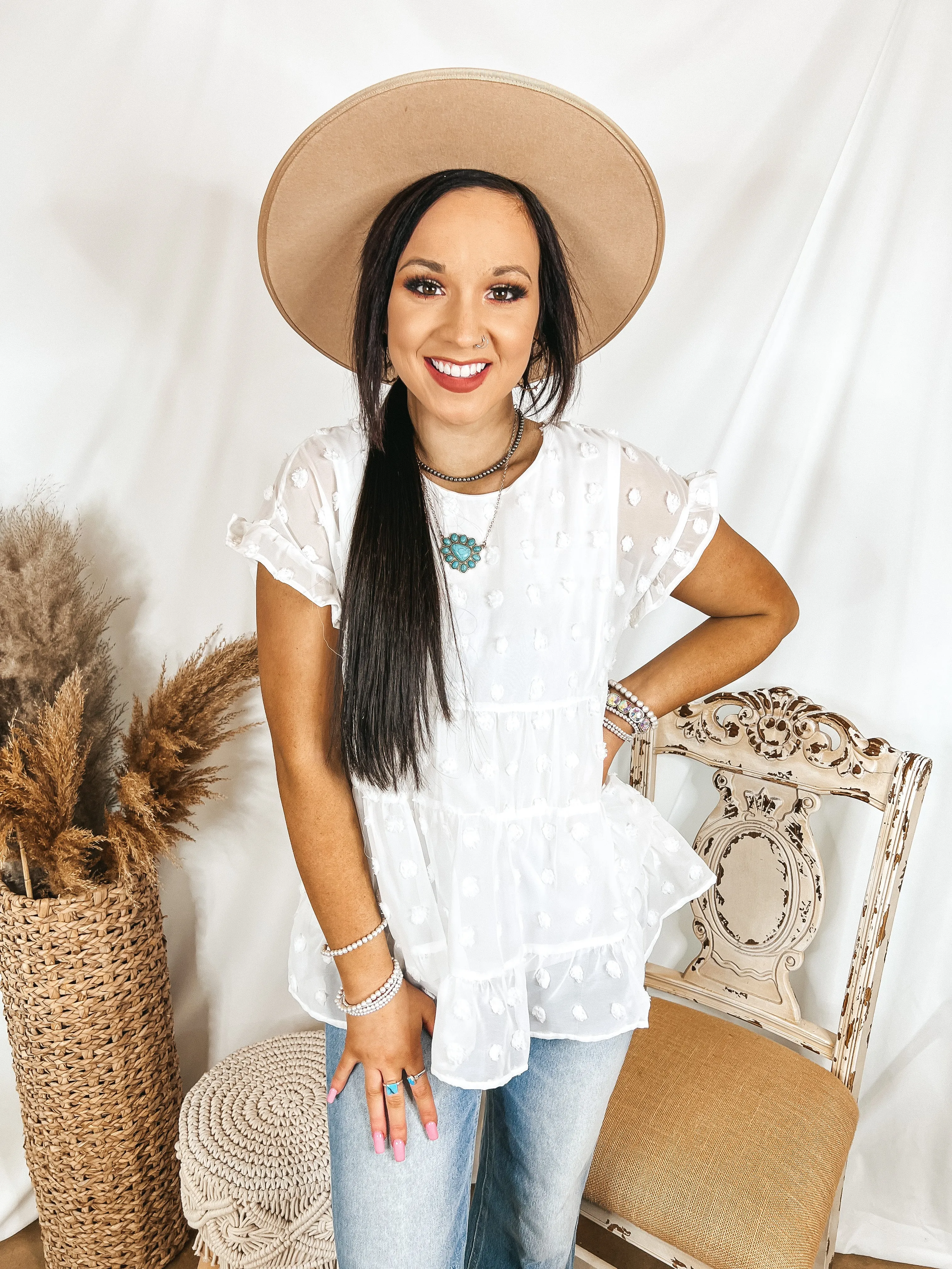 Last Chance Size Medium | Such A Delight Tiered Swiss Dot Top with Ruffle Cap Sleeves in White