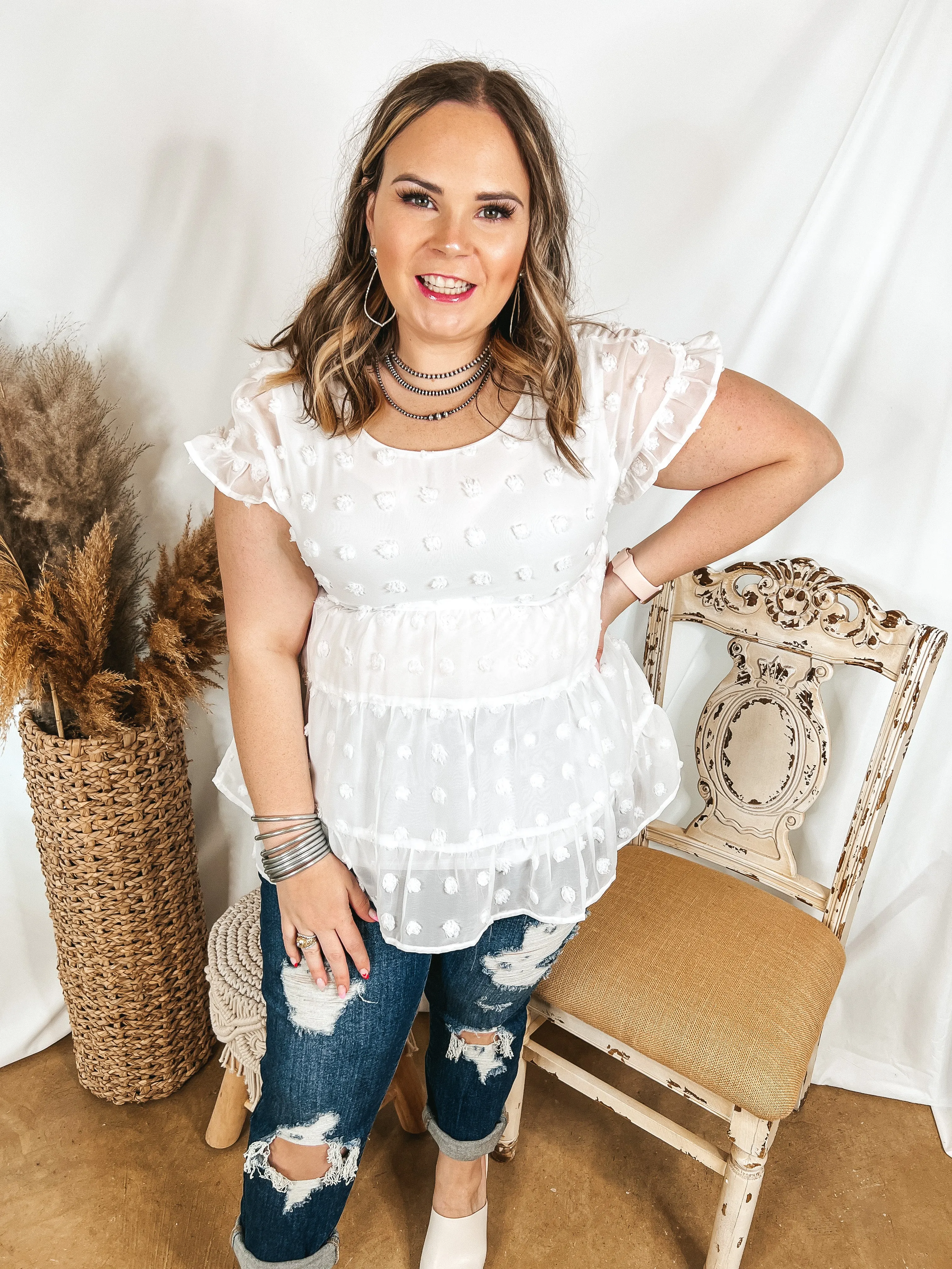 Last Chance Size Medium | Such A Delight Tiered Swiss Dot Top with Ruffle Cap Sleeves in White