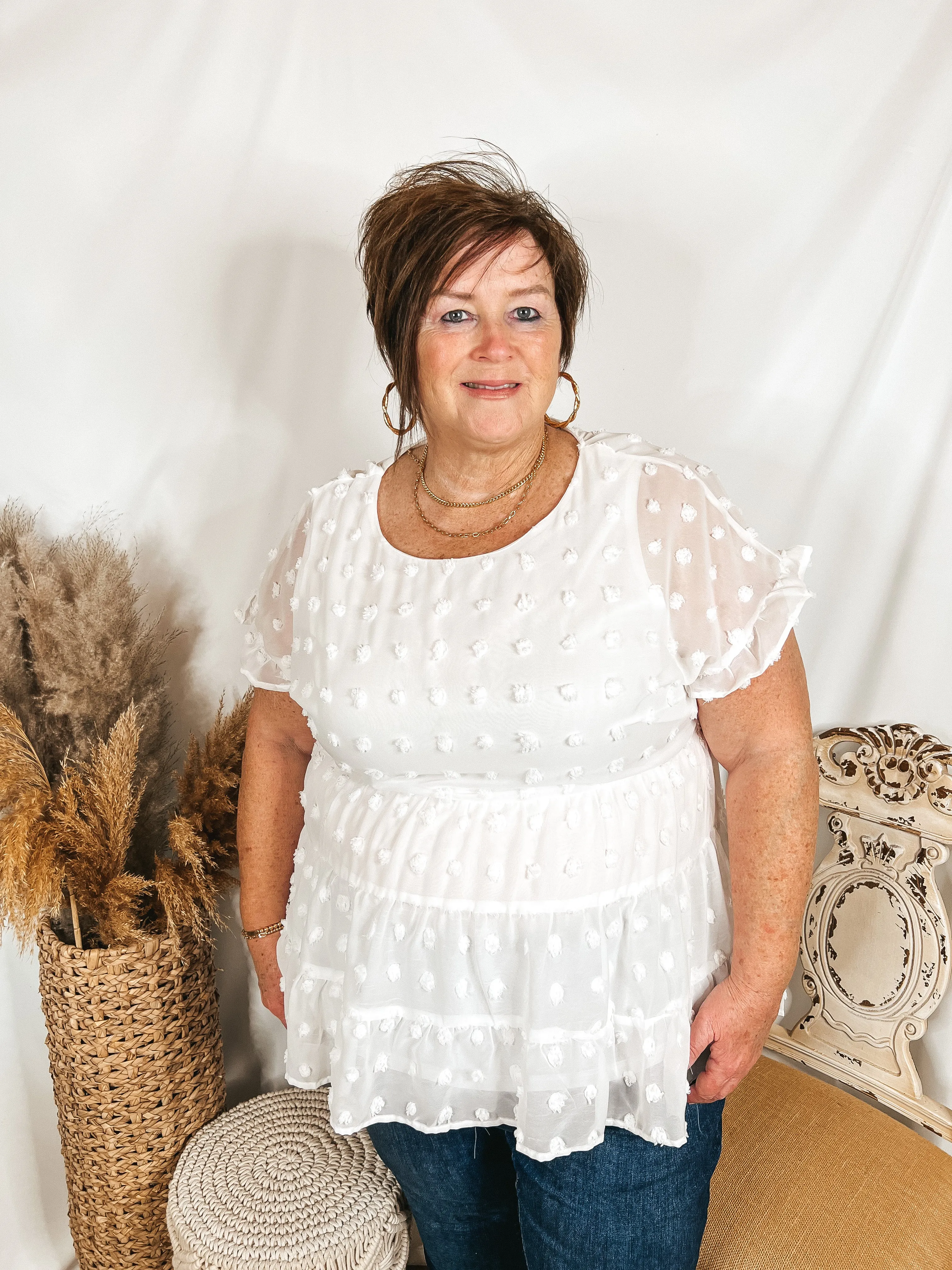 Last Chance Size Medium | Such A Delight Tiered Swiss Dot Top with Ruffle Cap Sleeves in White