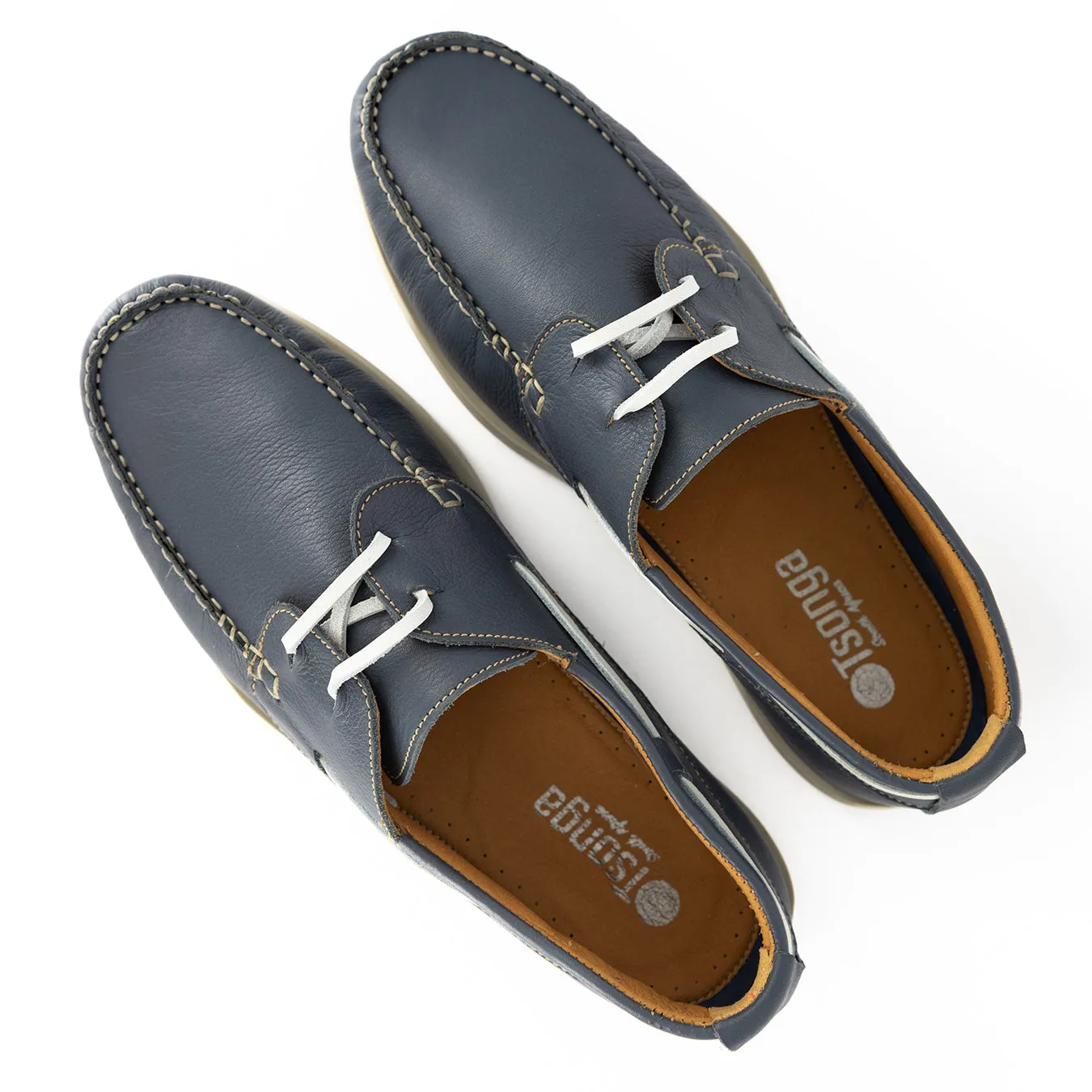 Malabo : Mens Leather Boat Shoe in Marine Natan