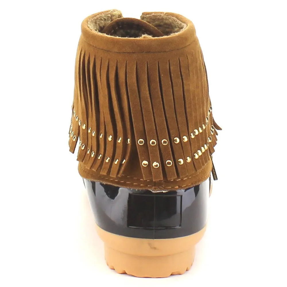 Nature Breeze Duck-03 Women's Lovely Studded Fringe Lace Up Dress Duck Boots