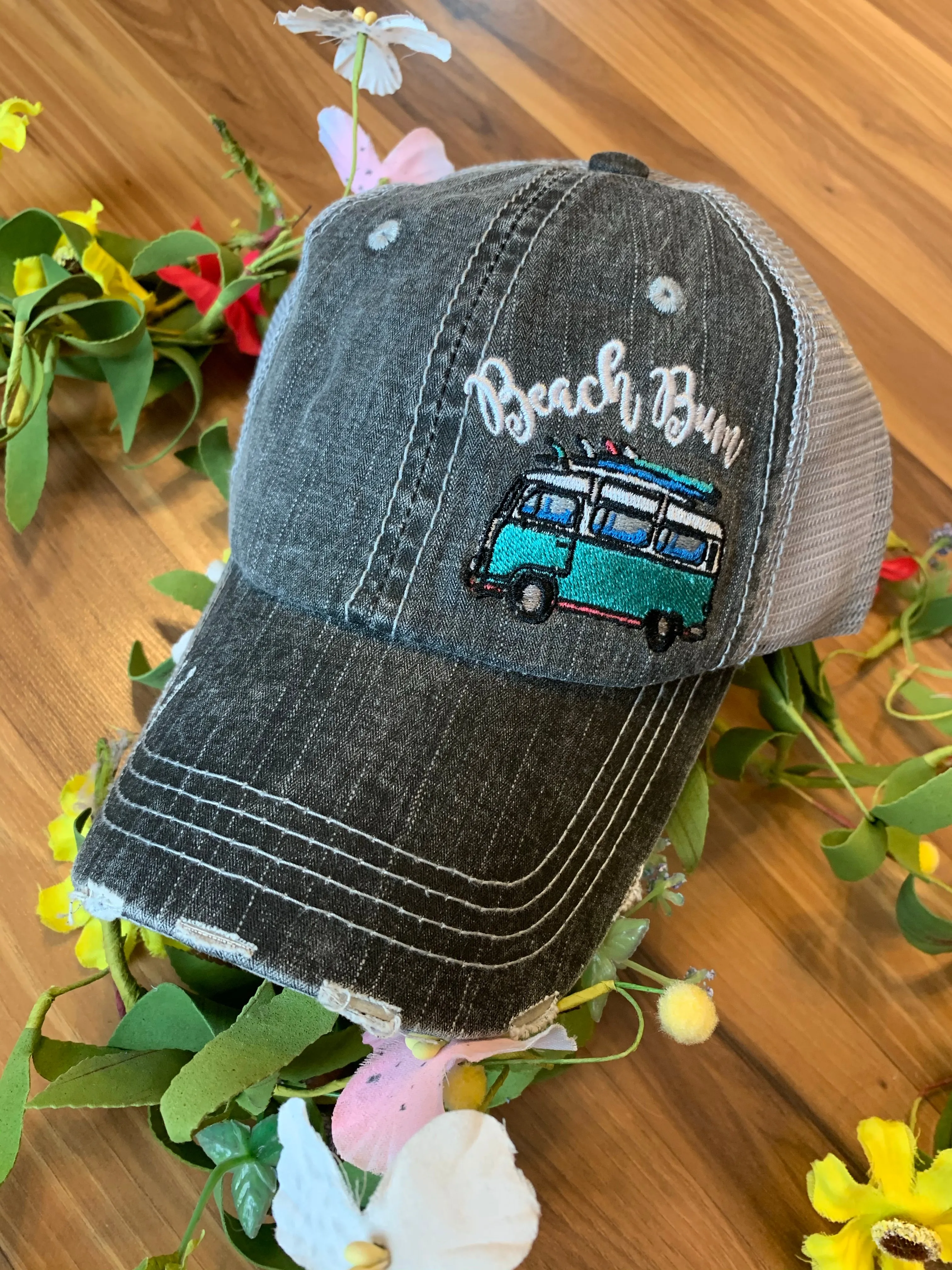 Pool hats Embroidered gray distressed unisex trucker caps Pool hair dont care Pool please Flamingos Flip flops