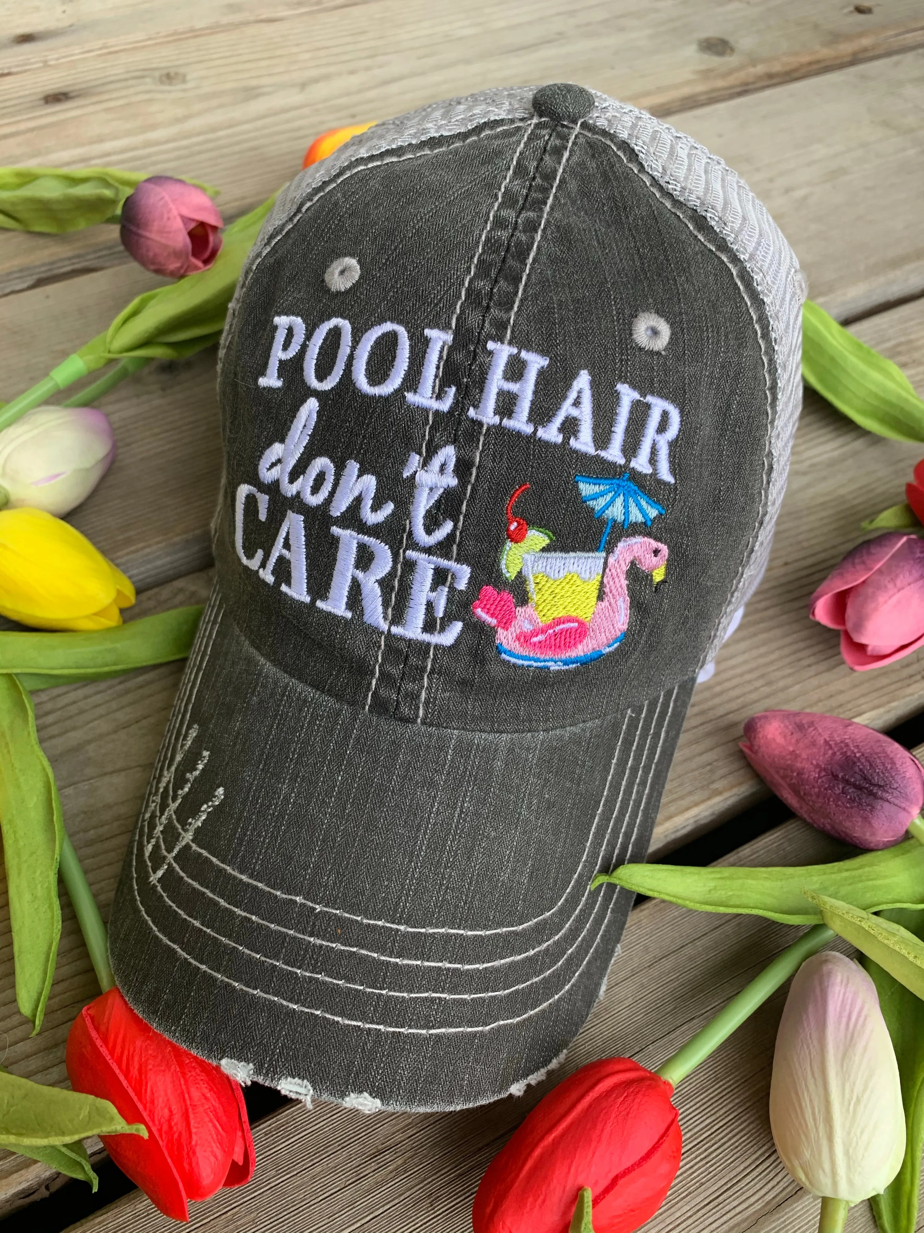 Pool hats Embroidered gray distressed unisex trucker caps Pool hair dont care Pool please Flamingos Flip flops