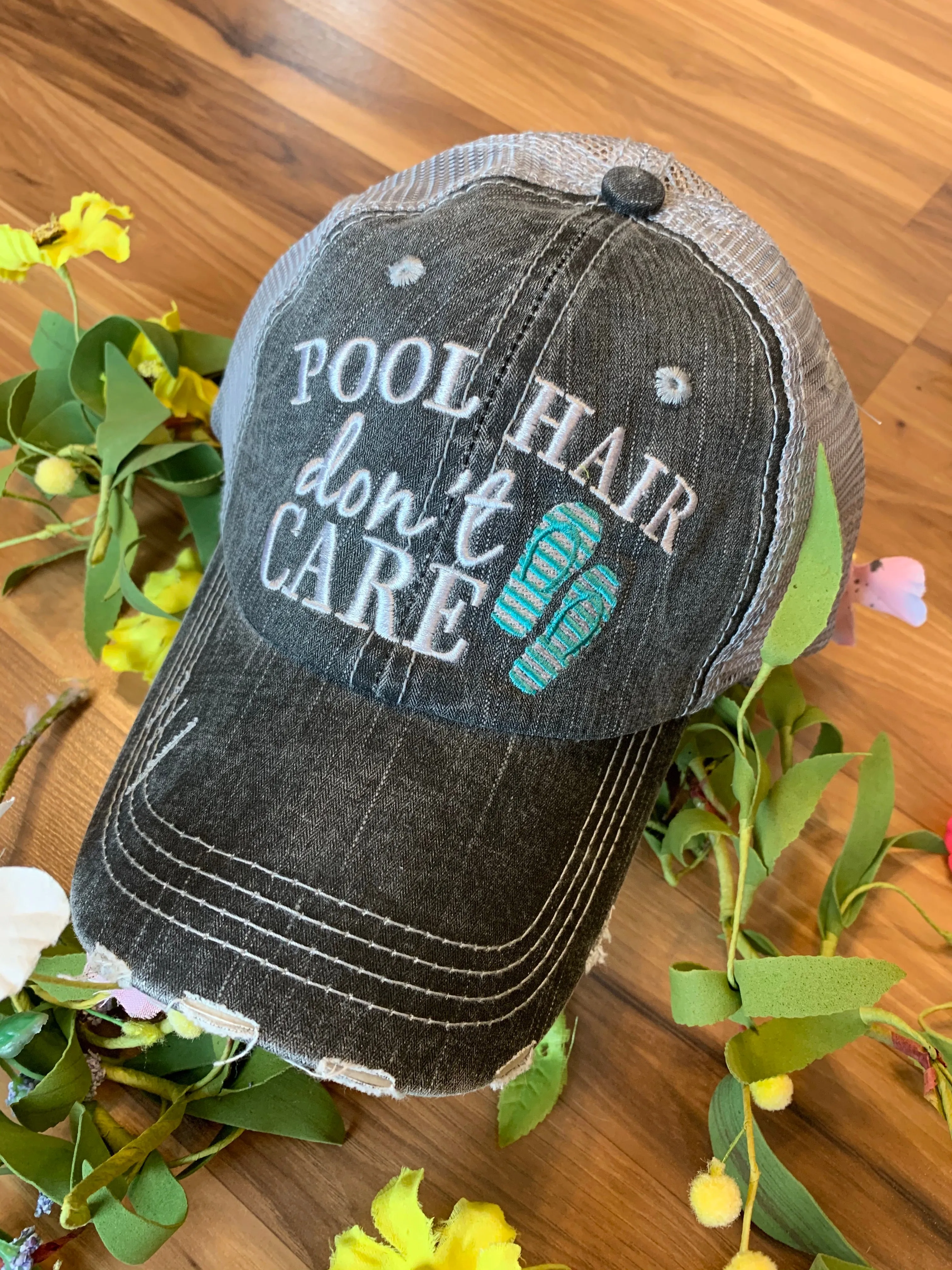 Pool hats Embroidered gray distressed unisex trucker caps Pool hair dont care Pool please Flamingos Flip flops