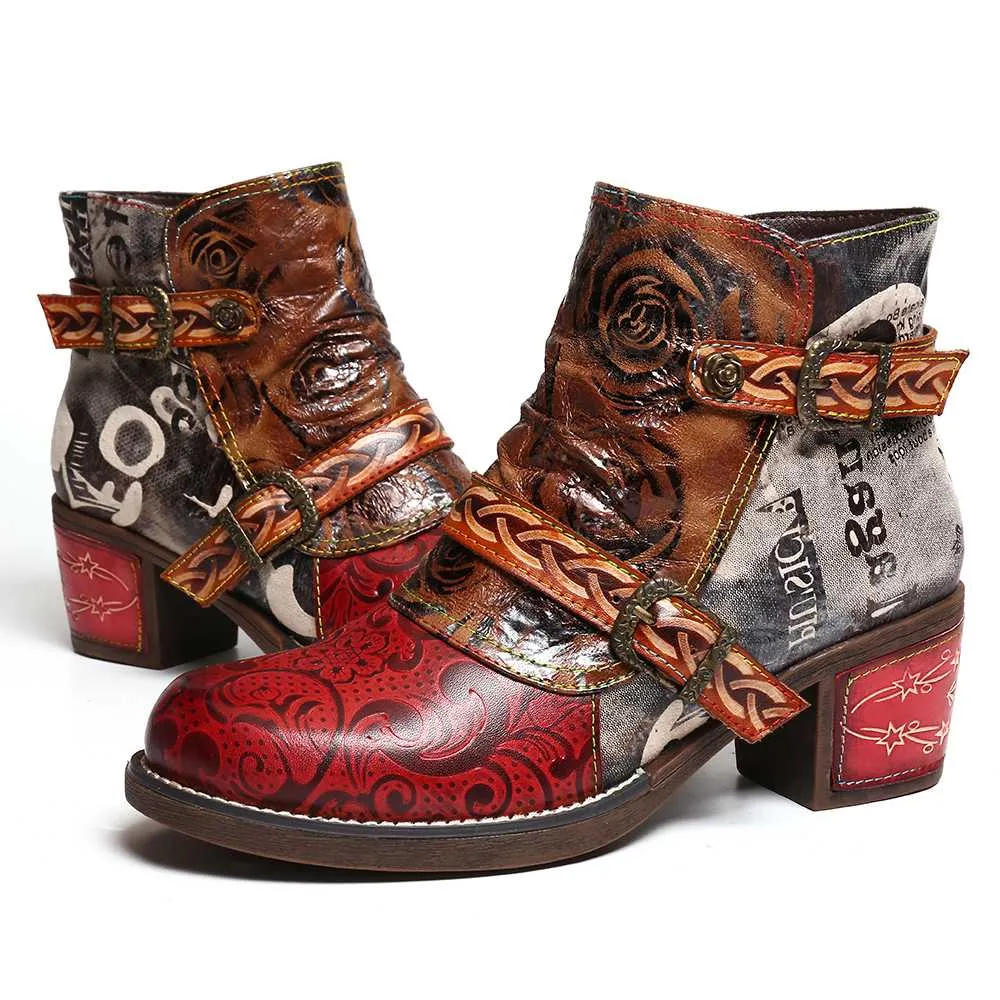 SOCOFY  Handmade Leather Vintage Print & Emboss Ankle Boots