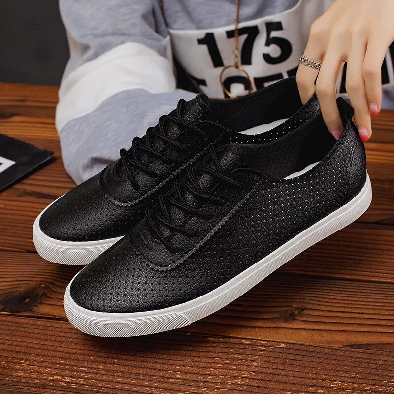 Summer Students Lace-up Sneakers Hollow Breathable Leisure Lazy Shoes Mens White Shoes Flat Shoes For Man