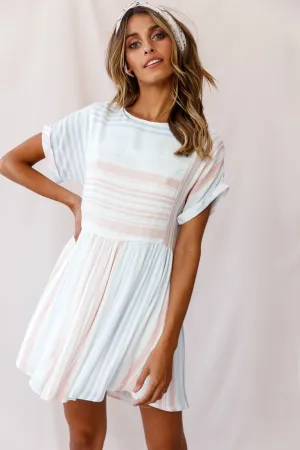 Susie Rolled Sleeve Crew Neck Swing Dress Stripe Print Blue/Peach
