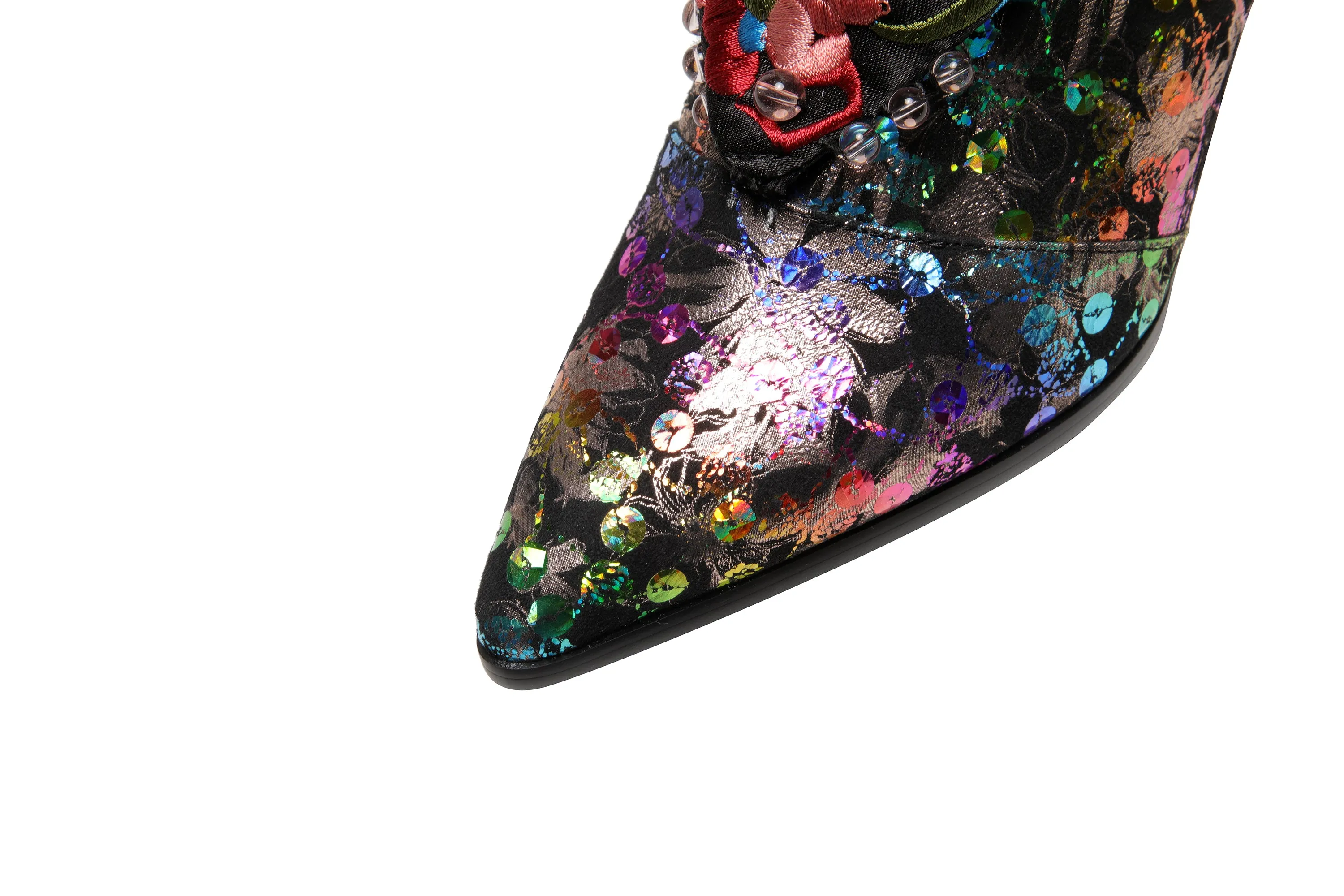 TinaCus Women's Handmade Leather Embroidered Flowers Crystal Heel Zip Up Ankle Boots