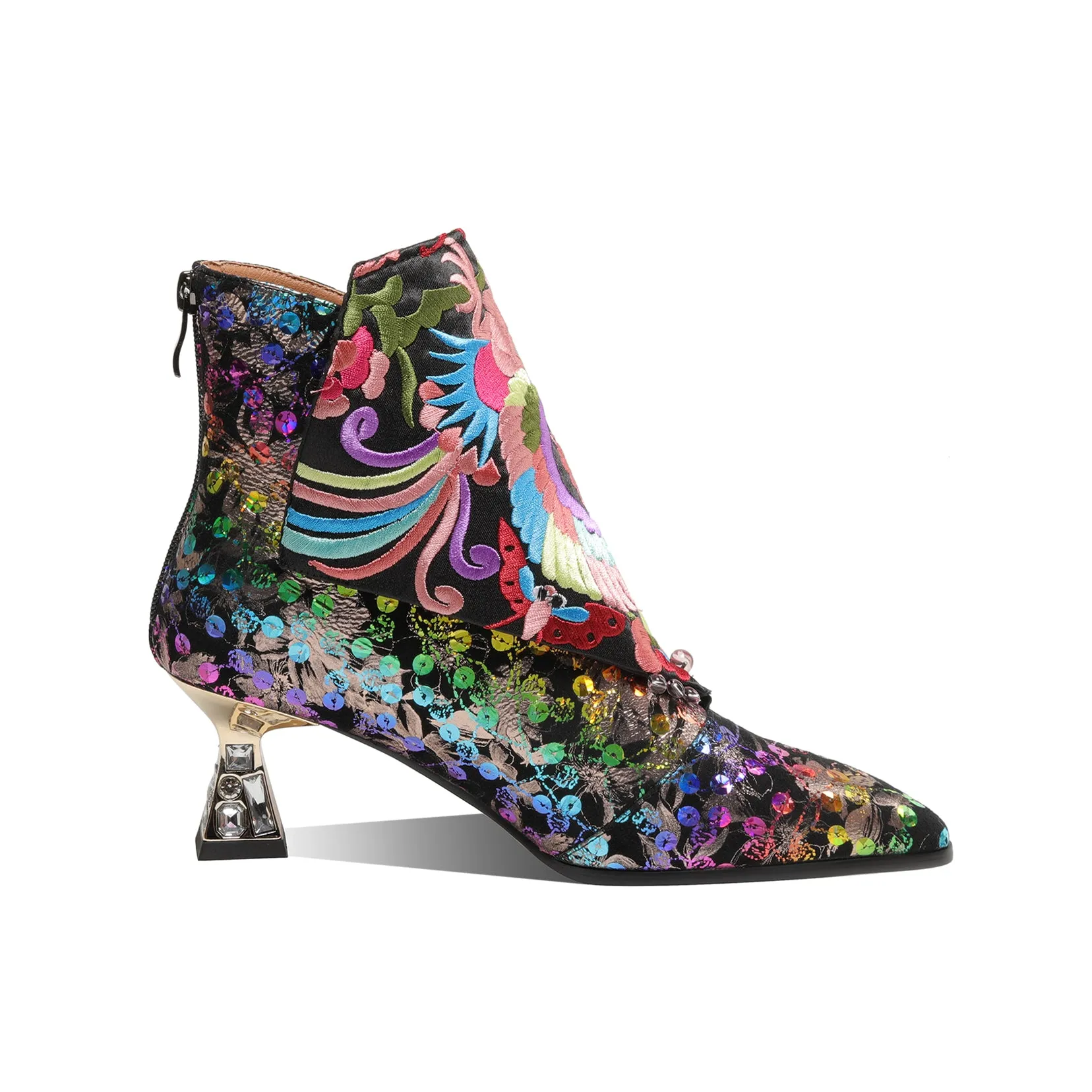 TinaCus Women's Handmade Leather Embroidered Flowers Crystal Heel Zip Up Ankle Boots
