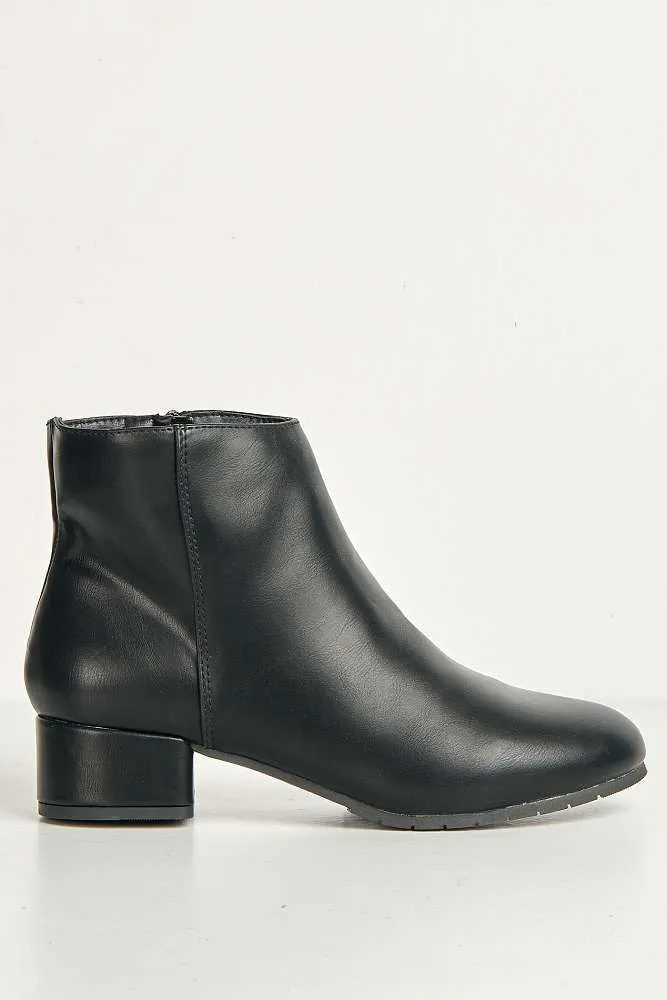 Wila Round Toe Low Block Heel Ankle Boots in Black Matt