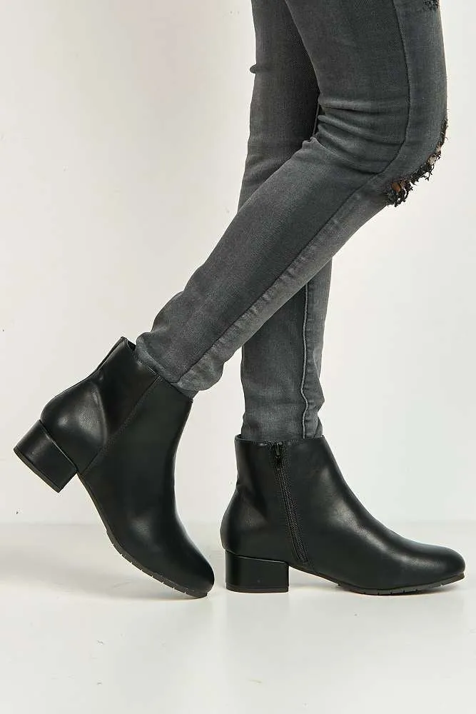 Wila Round Toe Low Block Heel Ankle Boots in Black Matt