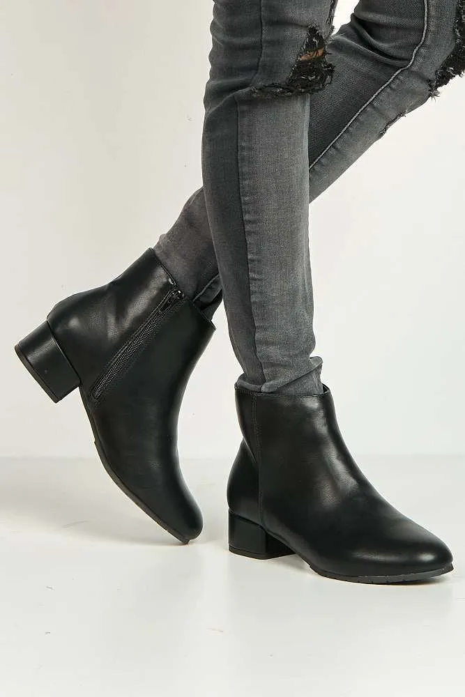 Wila Round Toe Low Block Heel Ankle Boots in Black Matt