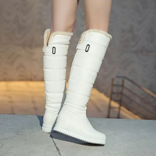 Women solid color platform winter faux fur knee high snow boots