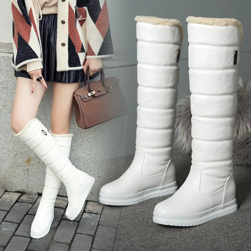 Women solid color platform winter faux fur knee high snow boots