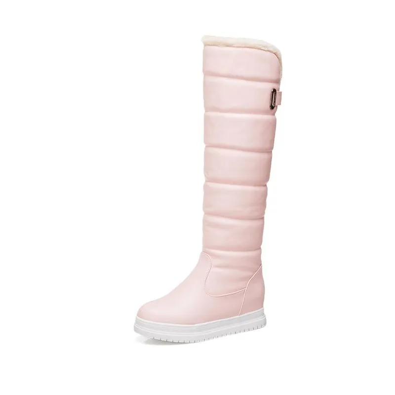 Women solid color platform winter faux fur knee high snow boots