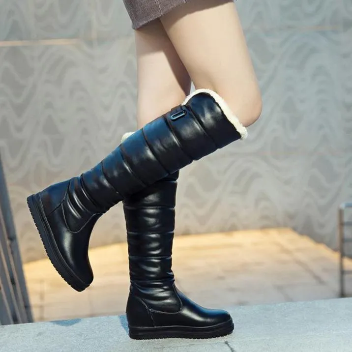 Women solid color platform winter faux fur knee high snow boots