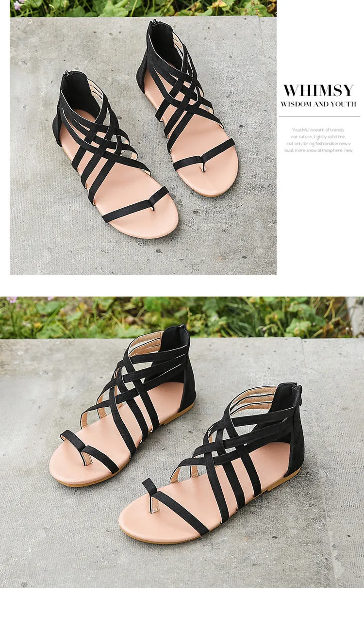 Women's Braided Cross Strap Back Zip Roman Shoes