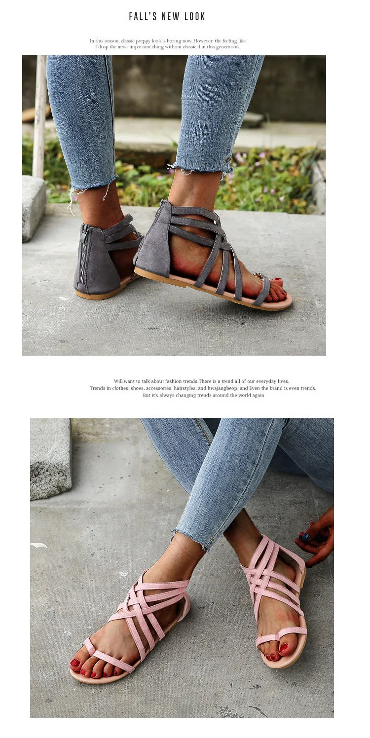 Women's Braided Cross Strap Back Zip Roman Shoes