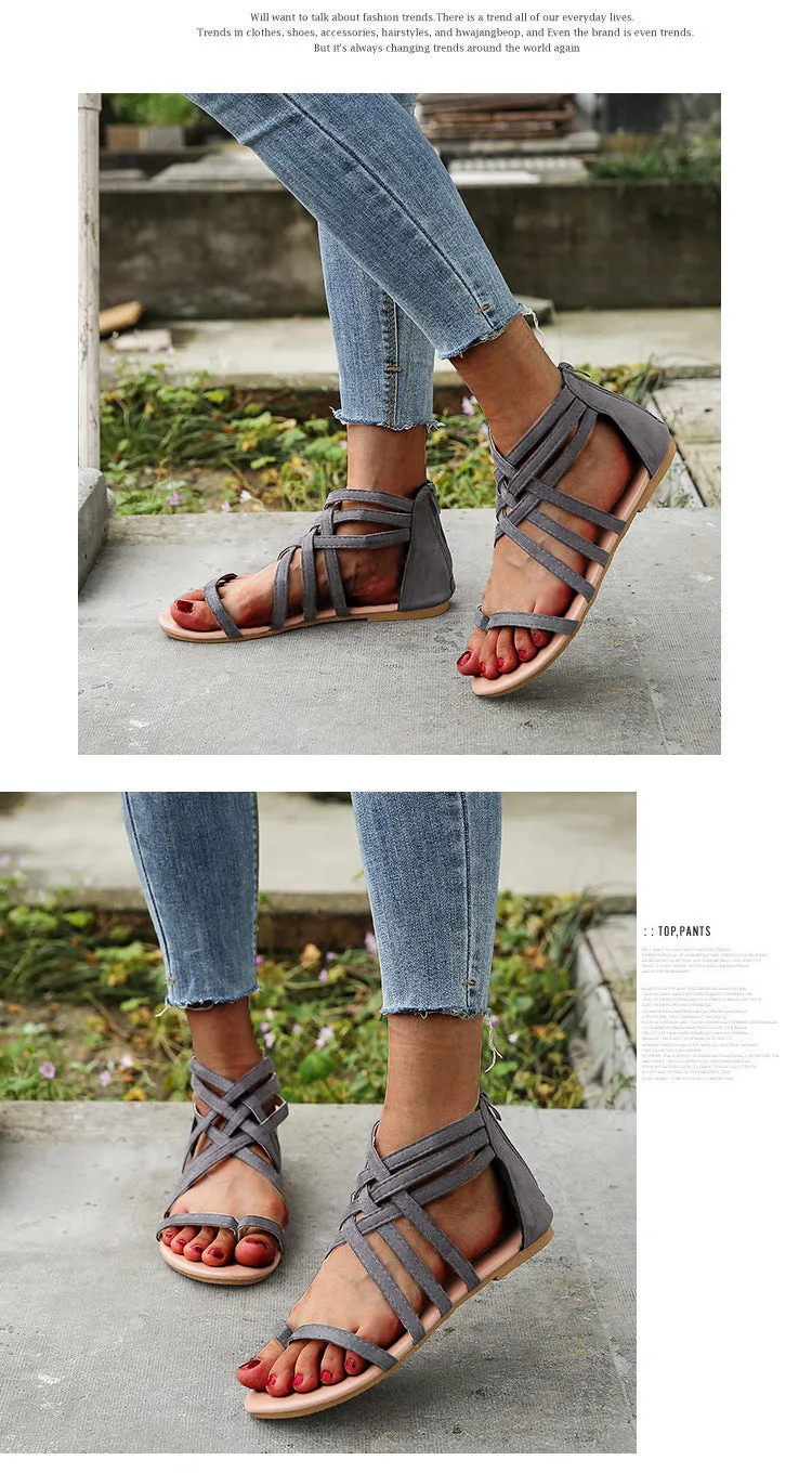 Women's Braided Cross Strap Back Zip Roman Shoes